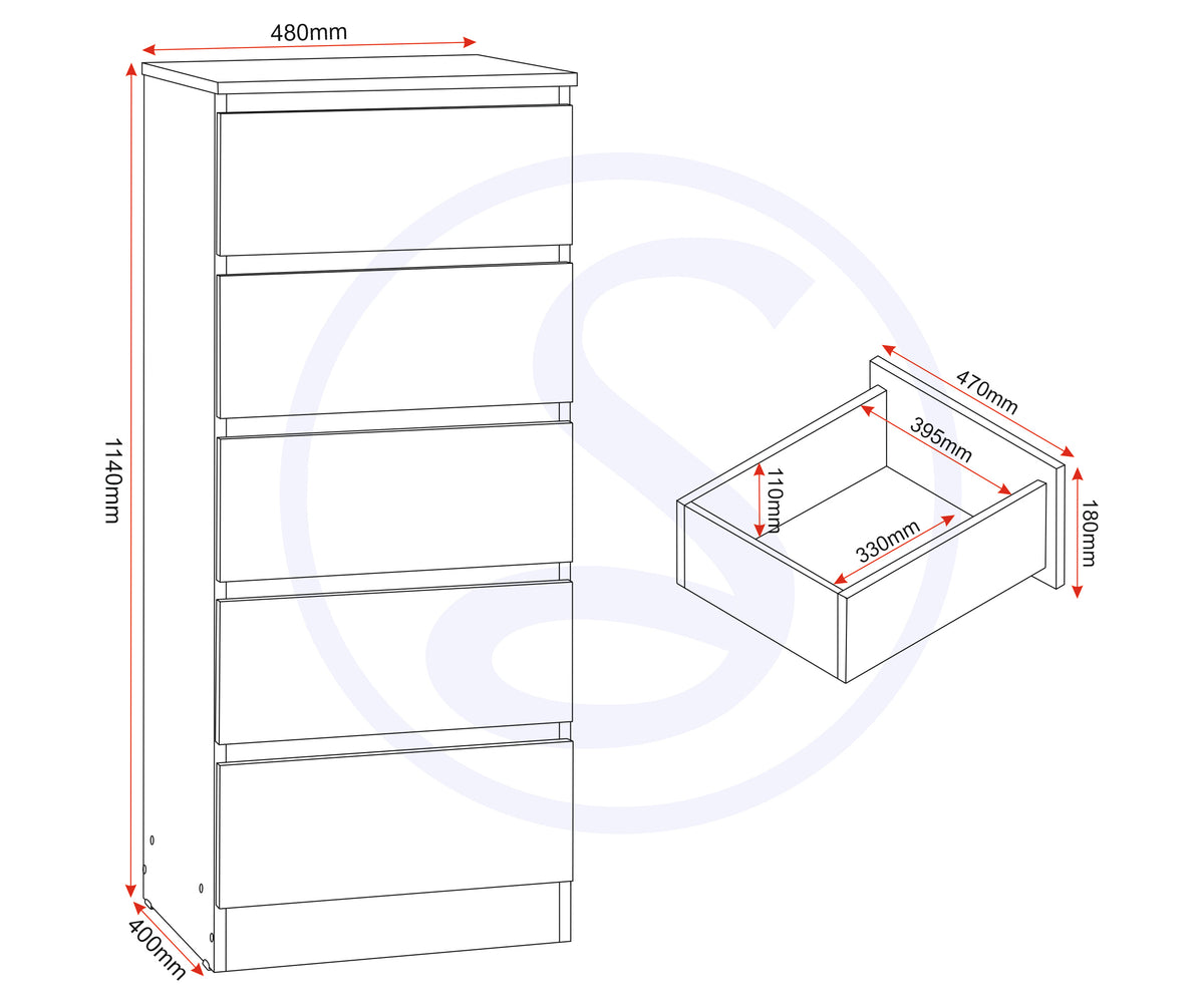 Malvern 5 Drawer Narrow Chest - Black