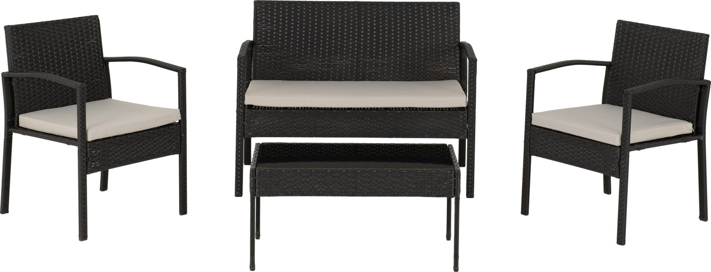 Cedar 4 Piece Garden Set | Black Rattan-Grey Fabric-Black Glass | Furniture Cash and Carry