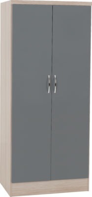 Nevada 2 Door All Hanging Wardrobe | Grey Gloss-Light Oak Effect Veneer | Furniture Cash and Carry
