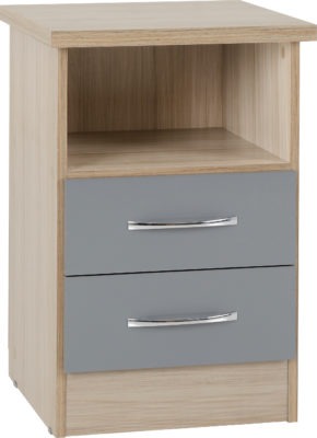 Nevada 2 Drawer Bedside | Grey Gloss-Light Oak Effect Veneer | Furniture Cash and Carry
