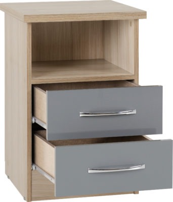 Nevada 2 Drawer Bedside | Grey Gloss-Light Oak Effect Veneer | Furniture Cash and Carry