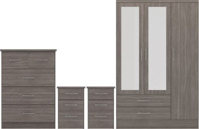 Nevada 3 Door 2 Drawer Mirrored Wardrobe Bedroom Set | Black Wood Grain | Furniture Cash and Carry
