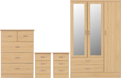 Nevada 3 Door 2 Drawer Mirrored Wardrobe Bedroom Set | Sonoma Oak Effect | Furniture Cash and Carry