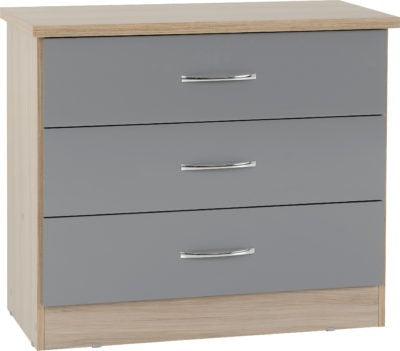 Nevada 3 Drawer Chest | Grey Gloss-Light Oak Effect Veneer | Furniture Cash and Carry