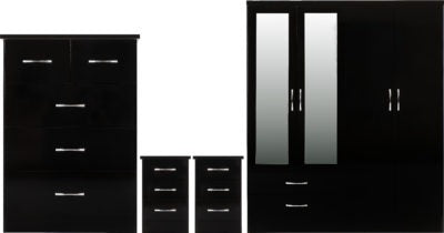 Nevada 4 Door 2 Drawer Mirrored Wardrobe Bedroom Set | Black Gloss | Furniture Cash and Carry
