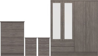 Nevada 4 Door 2 Drawer Mirrored Wardrobe Bedroom Set | Black Wood Grain | Furniture Cash and Carry