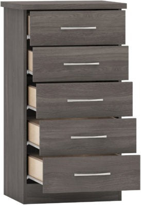 Nevada 5 Drawer Narrow Chest | Black Wood Grain | Furniture Cash and Carry