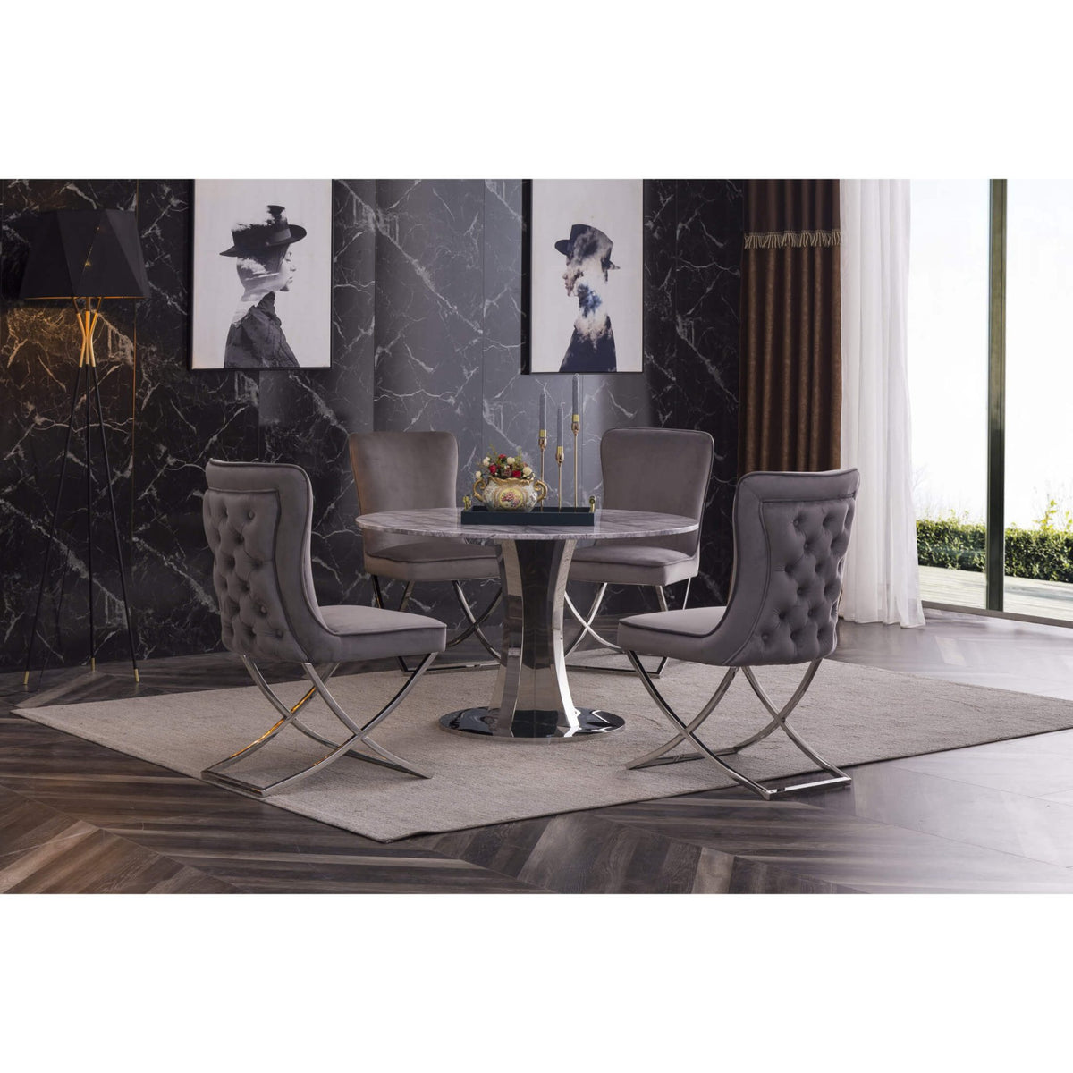 Panama Velvet Fabric Dining Chair Grey with Stainless Steel Legs (Set of 2)