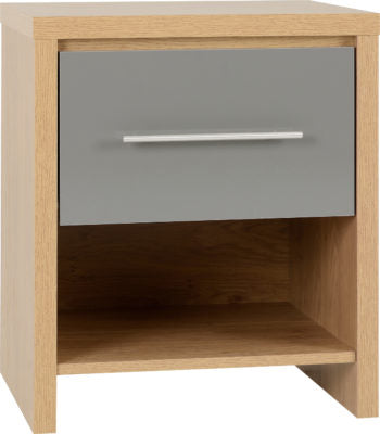 Seville 1 Drawer Bedside Cabinet | Grey High Gloss-Light Oak Effect Veneer | Furniture Cash and Carry