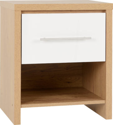 Seville 1 Drawer Bedside Cabinet | White High Gloss-Light Oak Effect Veneer | Furniture Cash and Carry