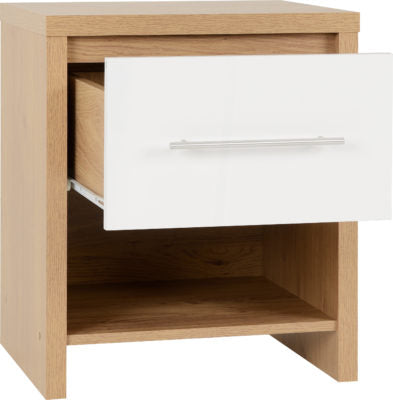 Seville 1 Drawer Bedside Cabinet | White High Gloss-Light Oak Effect Veneer | Furniture Cash and Carry