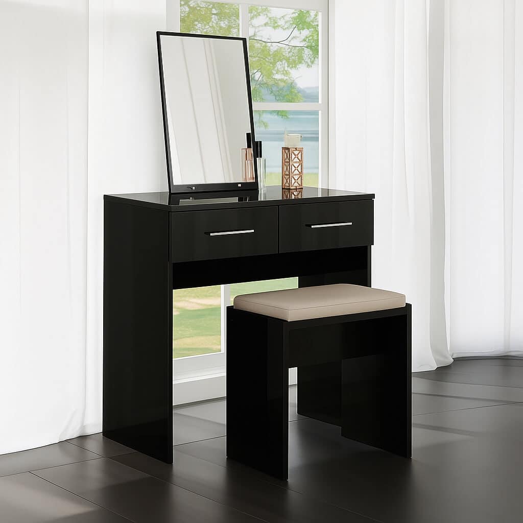 Topline Dressing Table with Mirror & Stool - Black