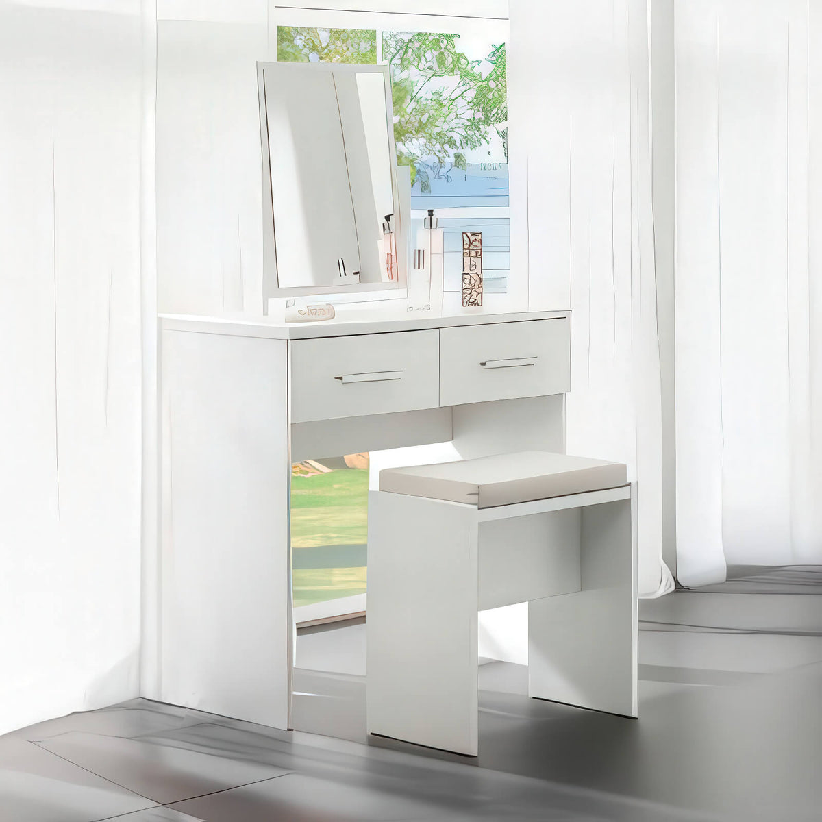 Topline Dressing Table with Mirror & Stool - White