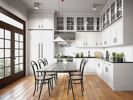 a metal dining room table in a kitchen flat