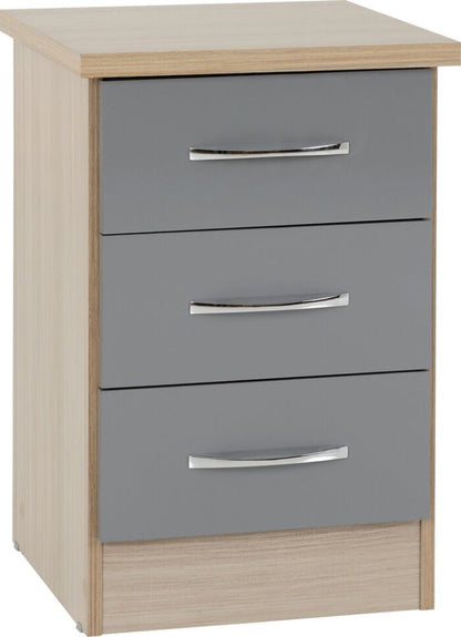 Nevada 3 Drawer Bedside - Grey Gloss/Light Oak Effect Veneer