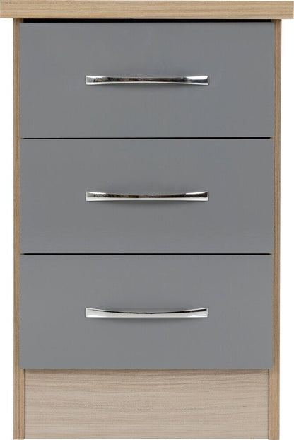 Nevada 3 Drawer Bedside - Grey Gloss/Light Oak Effect Veneer