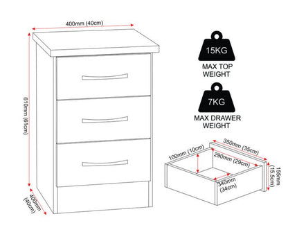 Nevada 3 Drawer Bedside - Grey Gloss/Light Oak Effect Veneer