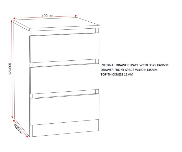 Malvern 3 Drawer Bedside - White