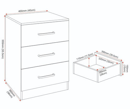 Dakota 3 Drawer Bedside - Light Grey