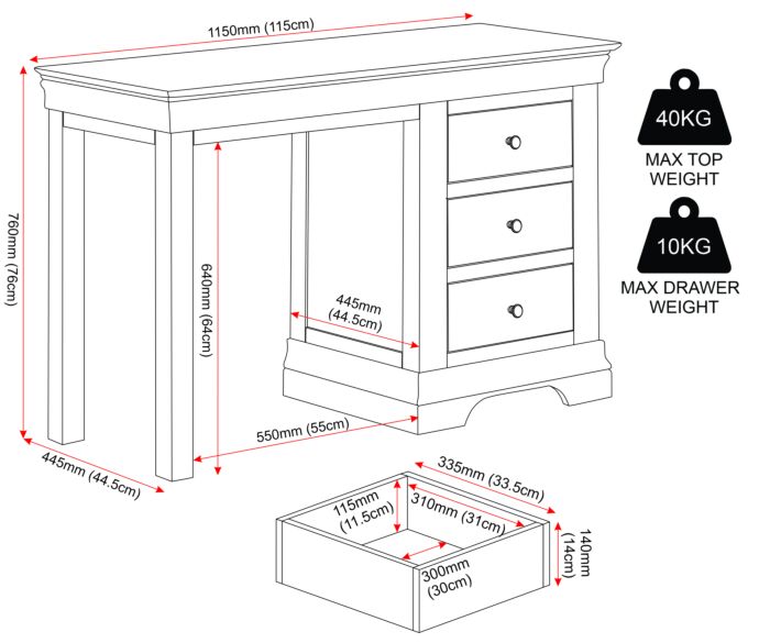 Bordeaux 3 Drawer Dressing Table - Pebble Grey