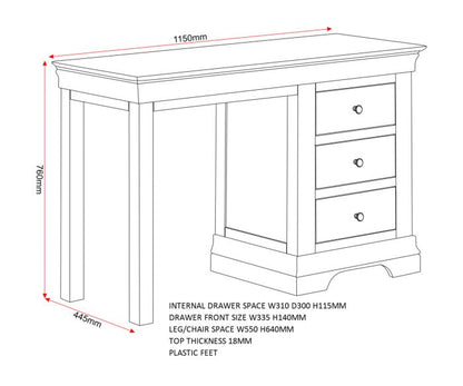 Bordeaux 3 Drawer Dressing Table - Pebble Grey