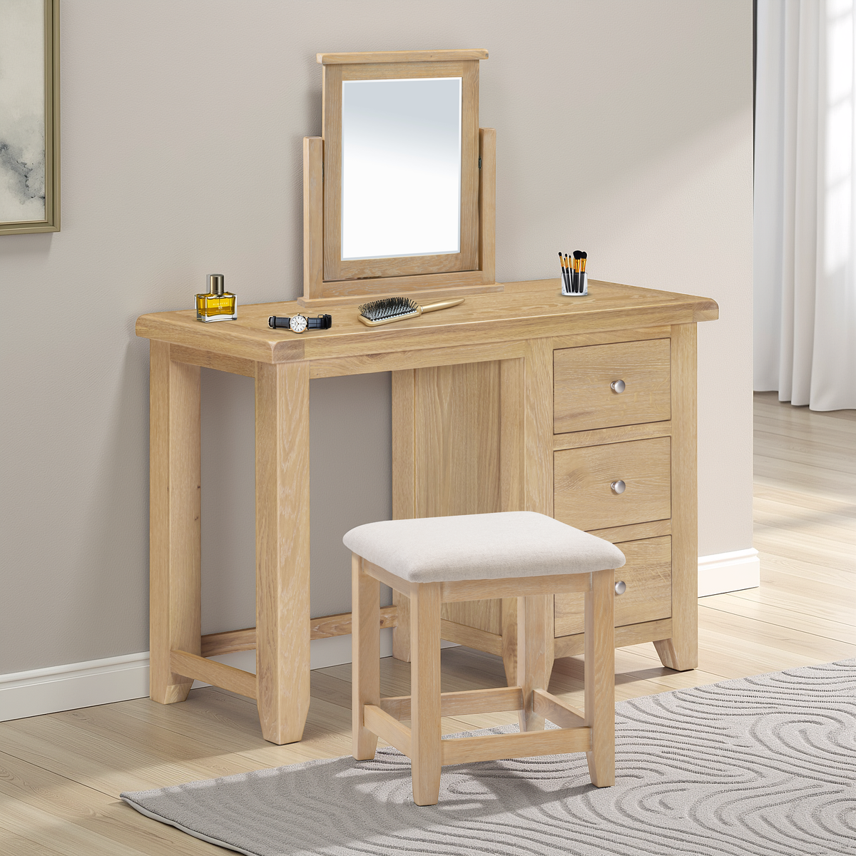 Windsor Dressing Table Stool - Natural Oak/Oat Fabric