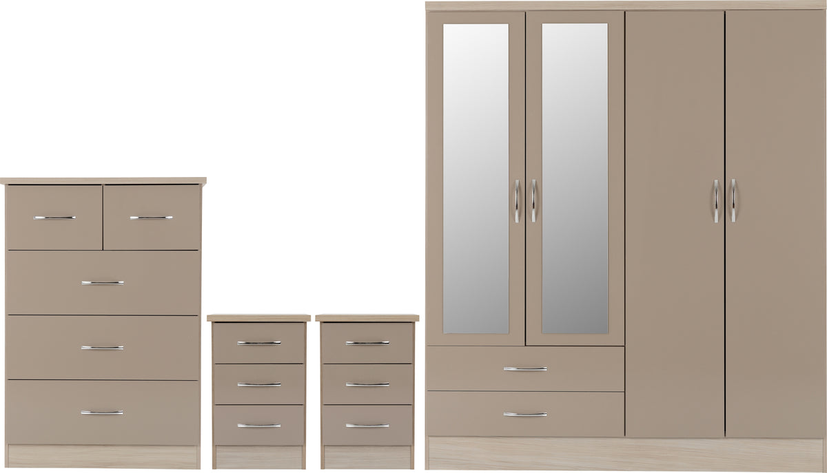 Nevada 4 Door 2 Drawer Mirrored Wardrobe Bedroom Set - Oyster Gloss/Light Oak Effect Veneer