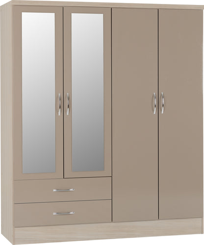 Nevada 4 Door 2 Drawer Mirrored Wardrobe Bedroom Set - Oyster Gloss/Light Oak Effect Veneer