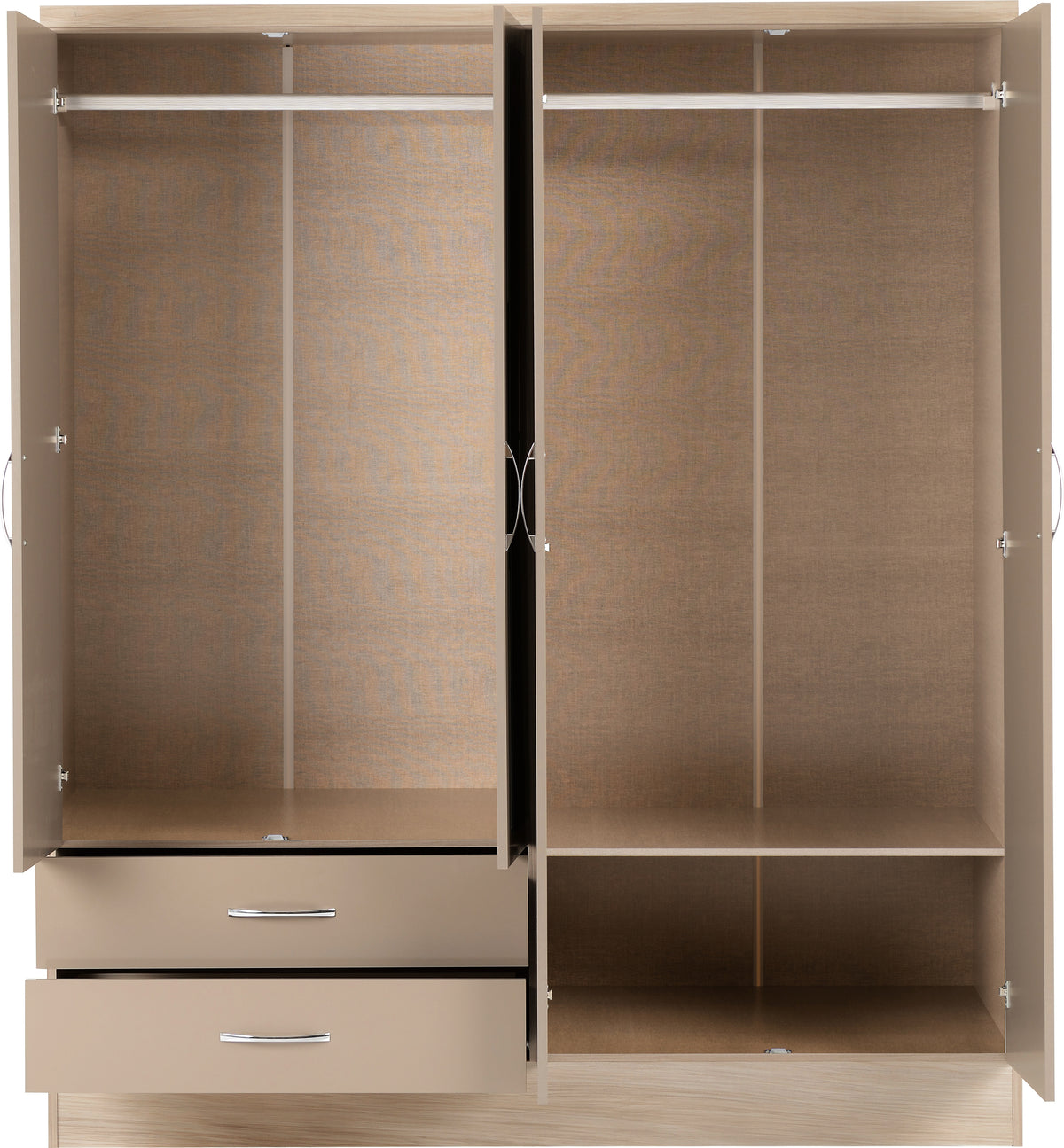 Nevada 4 Door 2 Drawer Mirrored Wardrobe Bedroom Set - Oyster Gloss/Light Oak Effect Veneer
