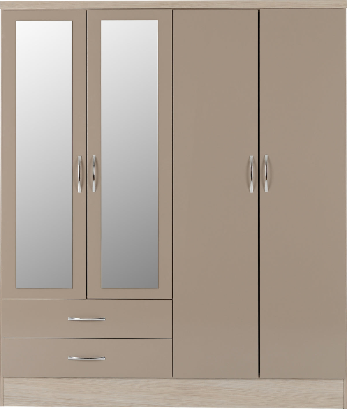 Nevada 4 Door 2 Drawer Mirrored Wardrobe Bedroom Set - Oyster Gloss/Light Oak Effect Veneer