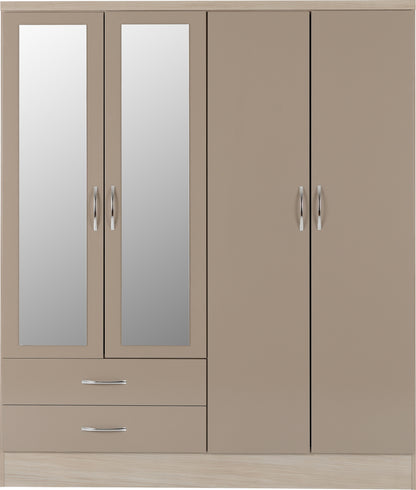 Nevada 4 Door 2 Drawer Mirrored Wardrobe Bedroom Set - Oyster Gloss/Light Oak Effect Veneer