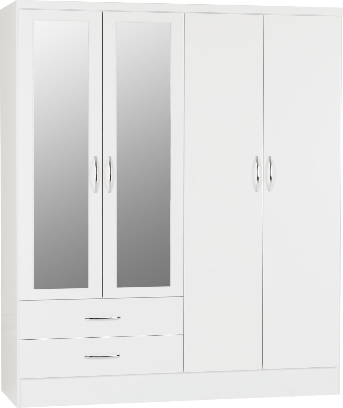 Nevada 4 Door 2 Drawer Mirrored Wardrobe Bedroom Set - White Gloss