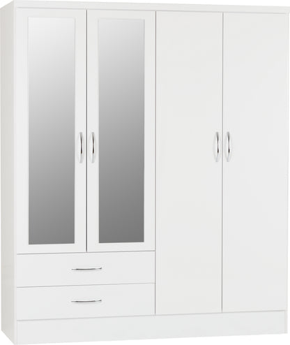 Nevada 4 Door 2 Drawer Mirrored Wardrobe Bedroom Set - White Gloss