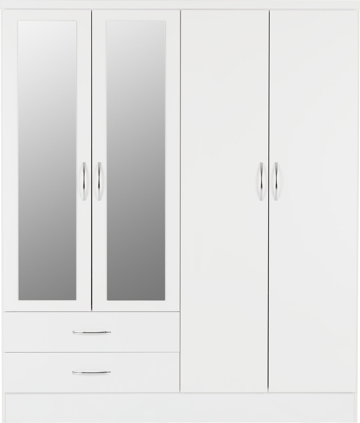 Nevada 4 Door 2 Drawer Mirrored Wardrobe Bedroom Set - White Gloss