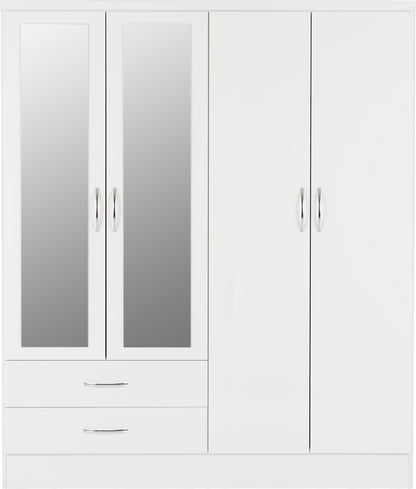 Nevada 4 Door 2 Drawer Mirrored Wardrobe Bedroom Set - White Gloss