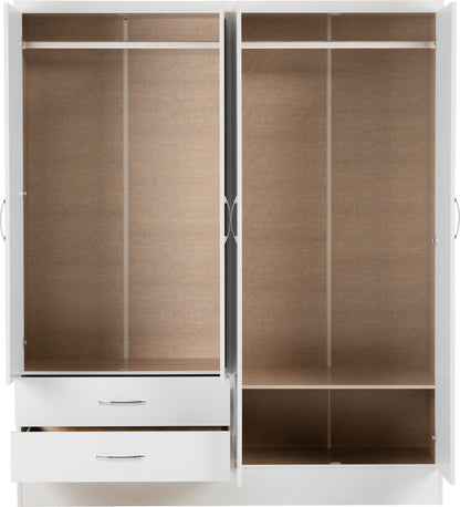 Nevada 4 Door 2 Drawer Mirrored Wardrobe Bedroom Set - White Gloss