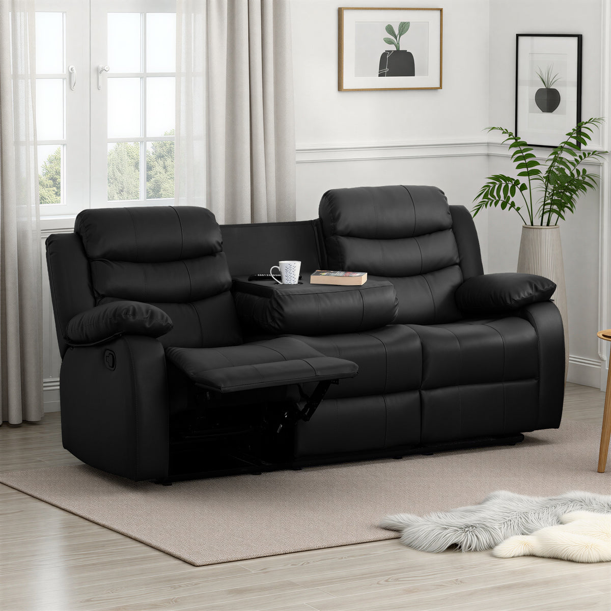 Roma 3 Seater Recliner Sofa - Black Faux Leather