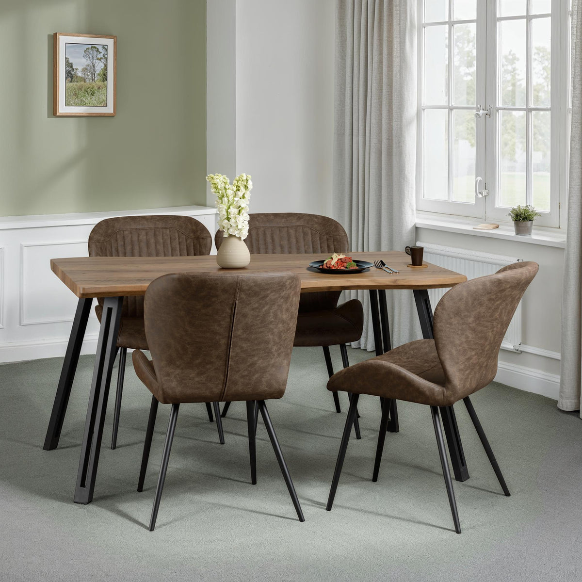 Quebec Wave Edge Dining Set - Medium Oak Effect/Black/Brown Faux Leather