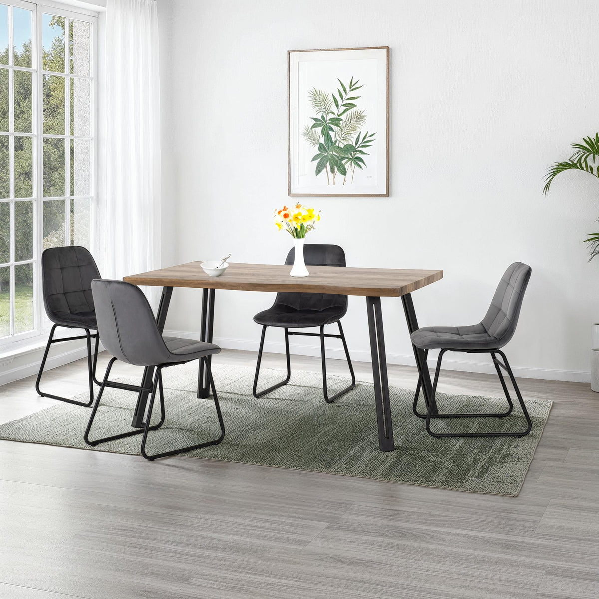 Quebec Wave Edge Dining Set with Lukas Chairs - Medium Oak Effect/Black/Grey Velvet