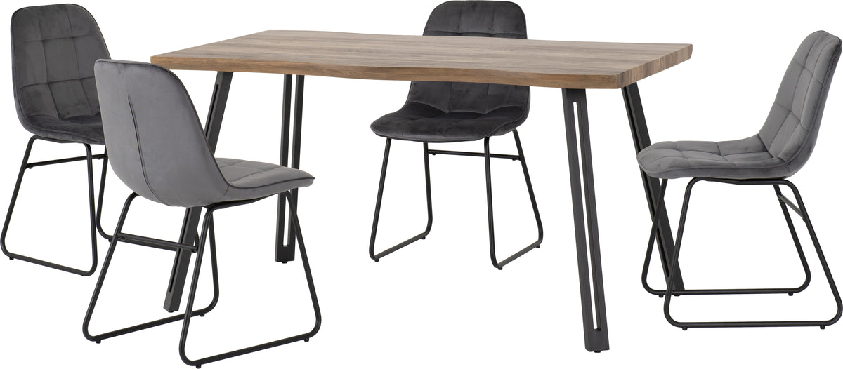 Quebec Wave Edge Dining Set with Lukas Chairs - Medium Oak Effect/Black/Grey Velvet