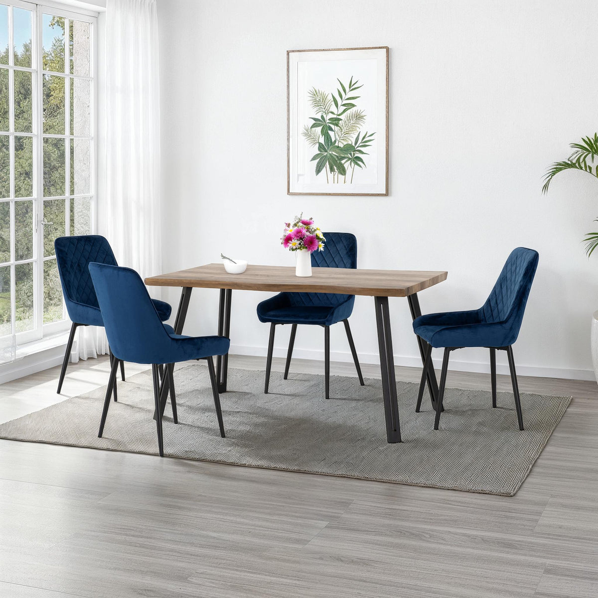 Quebec Wave Edge Dining Set with Avery Chairs - Medium Oak Effect/Black/Sapphire Blue Velvet