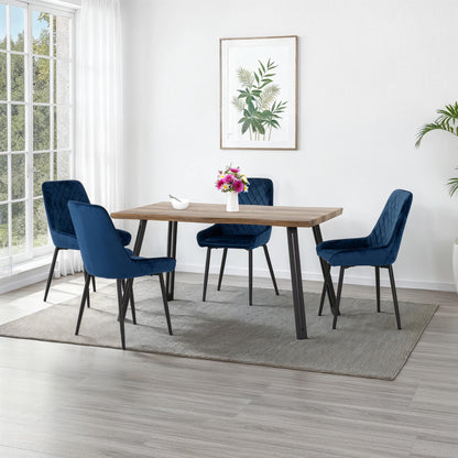 Quebec Wave Edge Dining Set with Avery Chairs - Medium Oak Effect/Black/Sapphire Blue Velvet