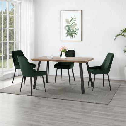 Quebec Wave Edge Dining Set with Avery Chairs - Medium Oak Effect/Black/Emerald Green Velvet
