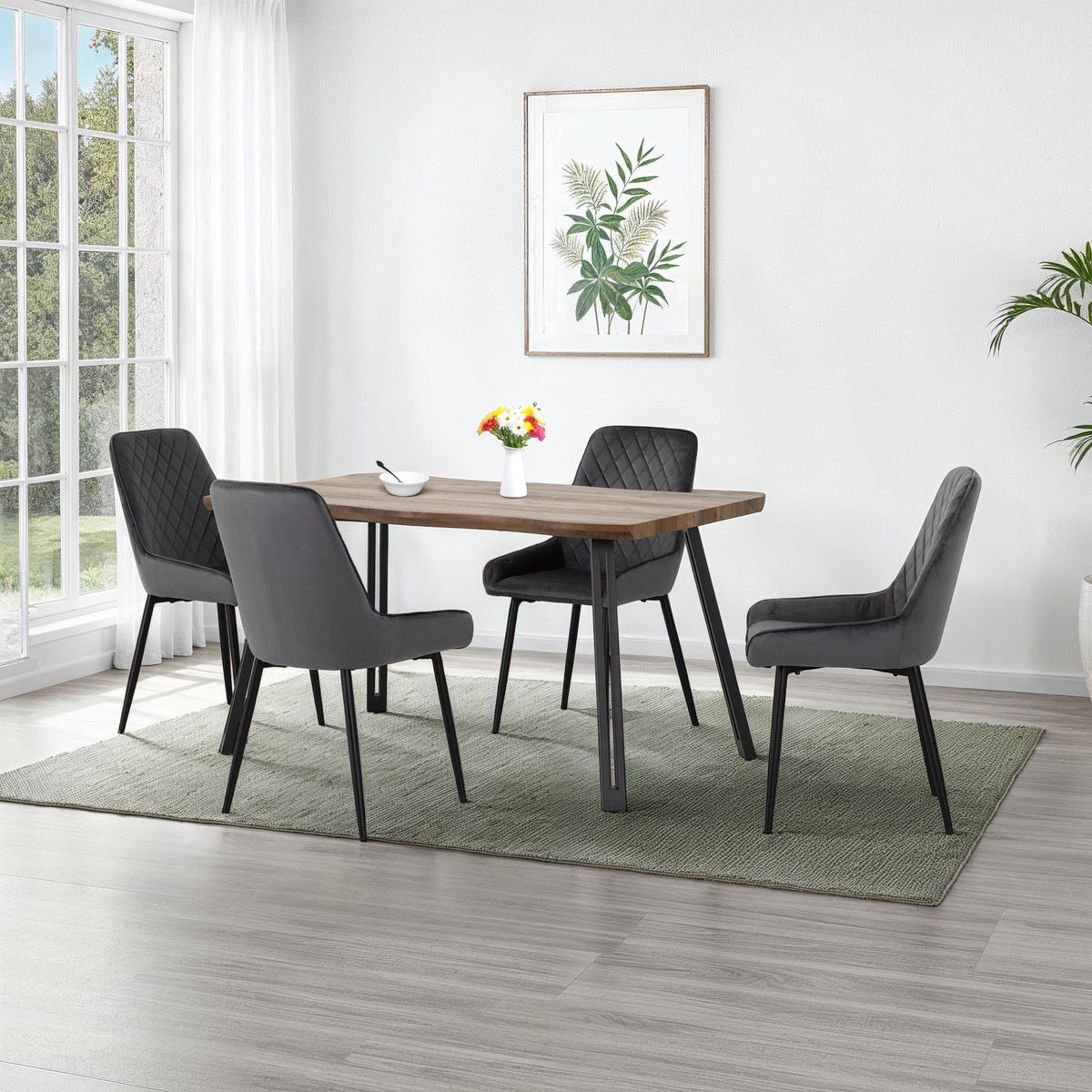 Quebec Wave Edge Dining Set with Avery Chairs - Medium Oak Effect/Black/Grey Velvet