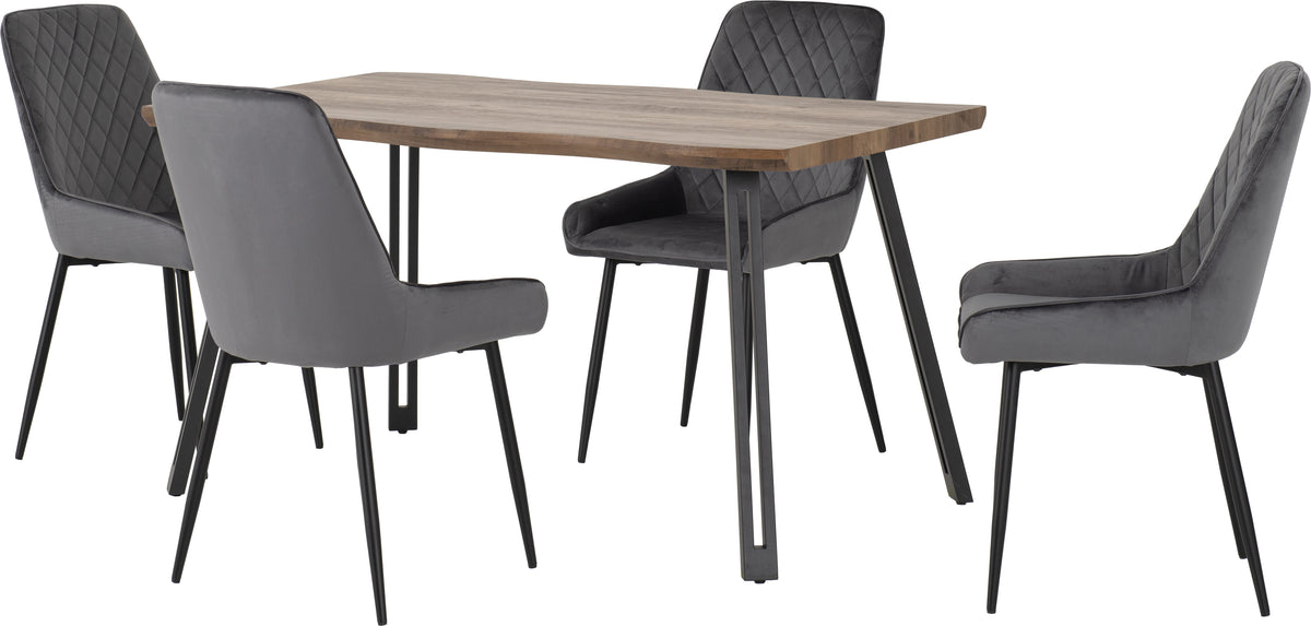 Quebec Wave Edge Dining Set with Avery Chairs - Medium Oak Effect/Black/Grey Velvet