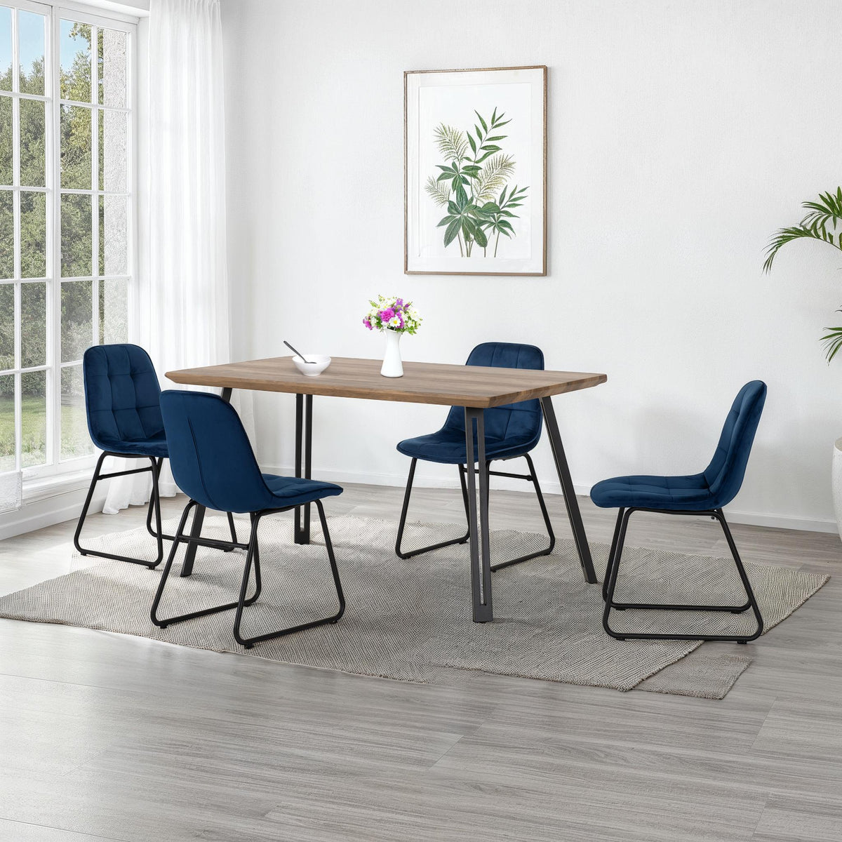 Quebec Straight Edge Dining Set with Lukas Chairs - Medium Oak Effect/Black/Sapphire Blue Velvet
