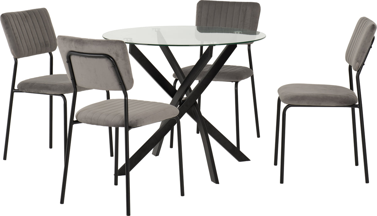 Sheldon Round Glass Top Dining Set - Clear Glass/Black/Grey Velvet Fabric