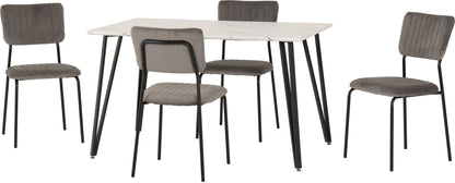 Marlow Dining Set with Sheldon Chairs - White Marble Effect/Black/Grey Velvet Fabric