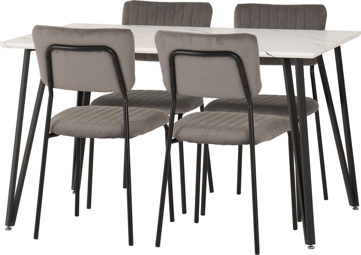 Marlow Dining Set with Sheldon Chairs - White Marble Effect/Black/Grey Velvet Fabric