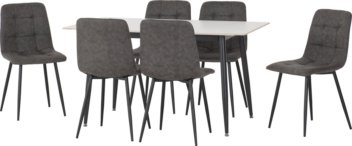 Fenton Dining Set (6 Chairs) - White Marble Stone Effect/Dark Grey Suede Fabric